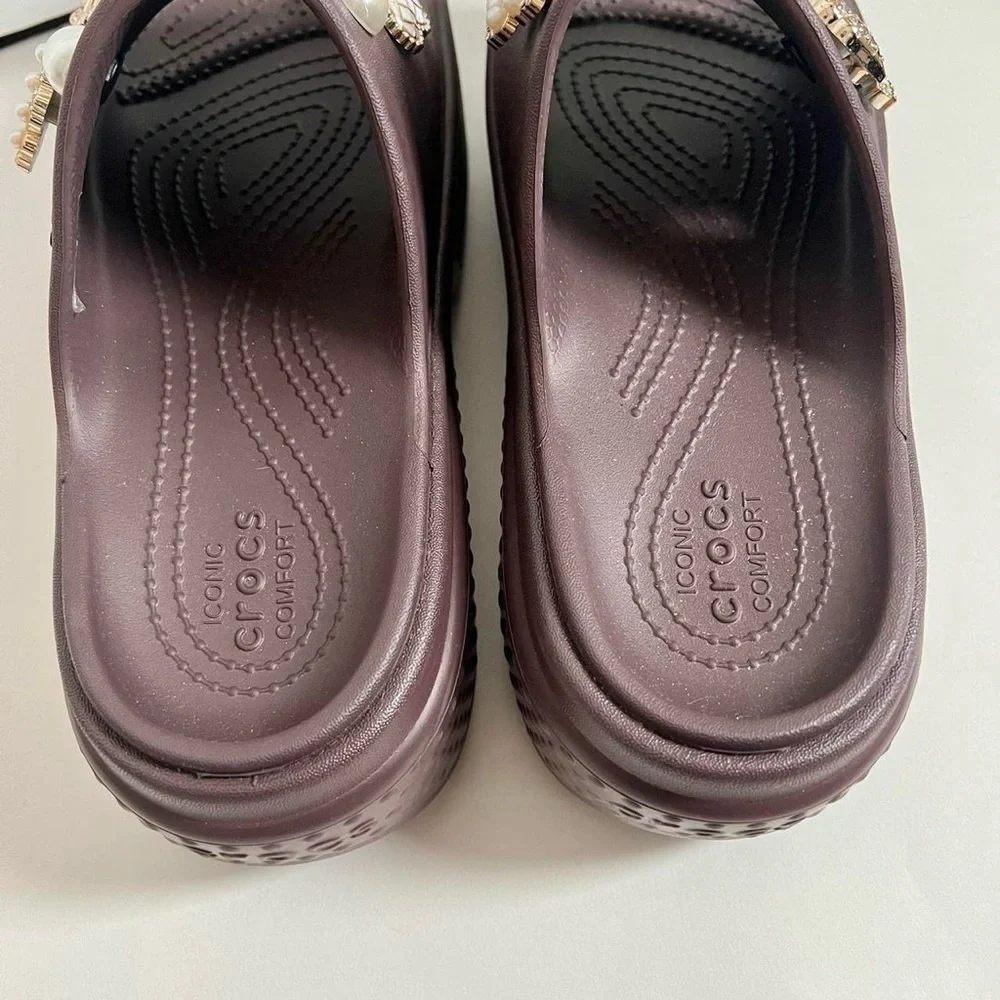 CROCS Platform Slide Mules with Gold & Pearl Charms - Picture 3 of 6